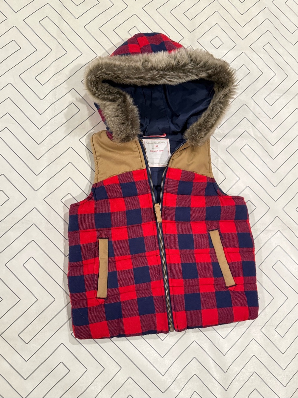 Hana Andersson Navy and Red Plaid Hooded Vest